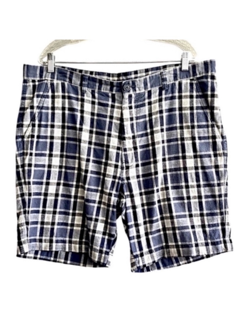 Roundtree & Yorke Classic Fit Shorts Flat Front Plaid Blue White Waist 40